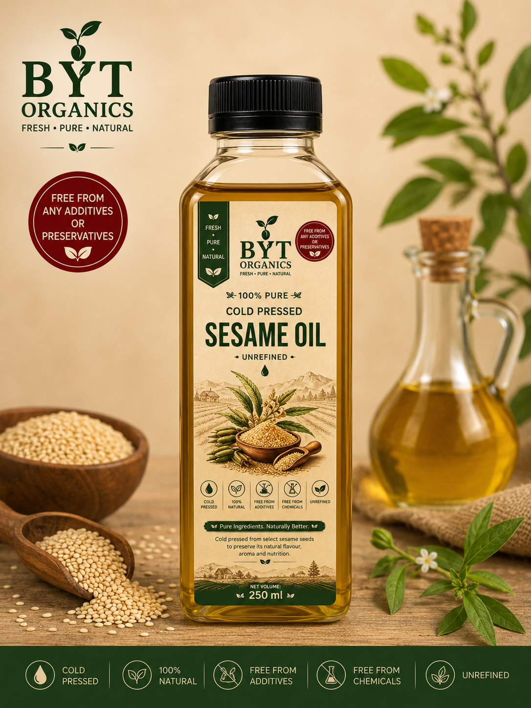 Natural Cold Pressed Sesame Oil |  100% Pure | BYT Organics