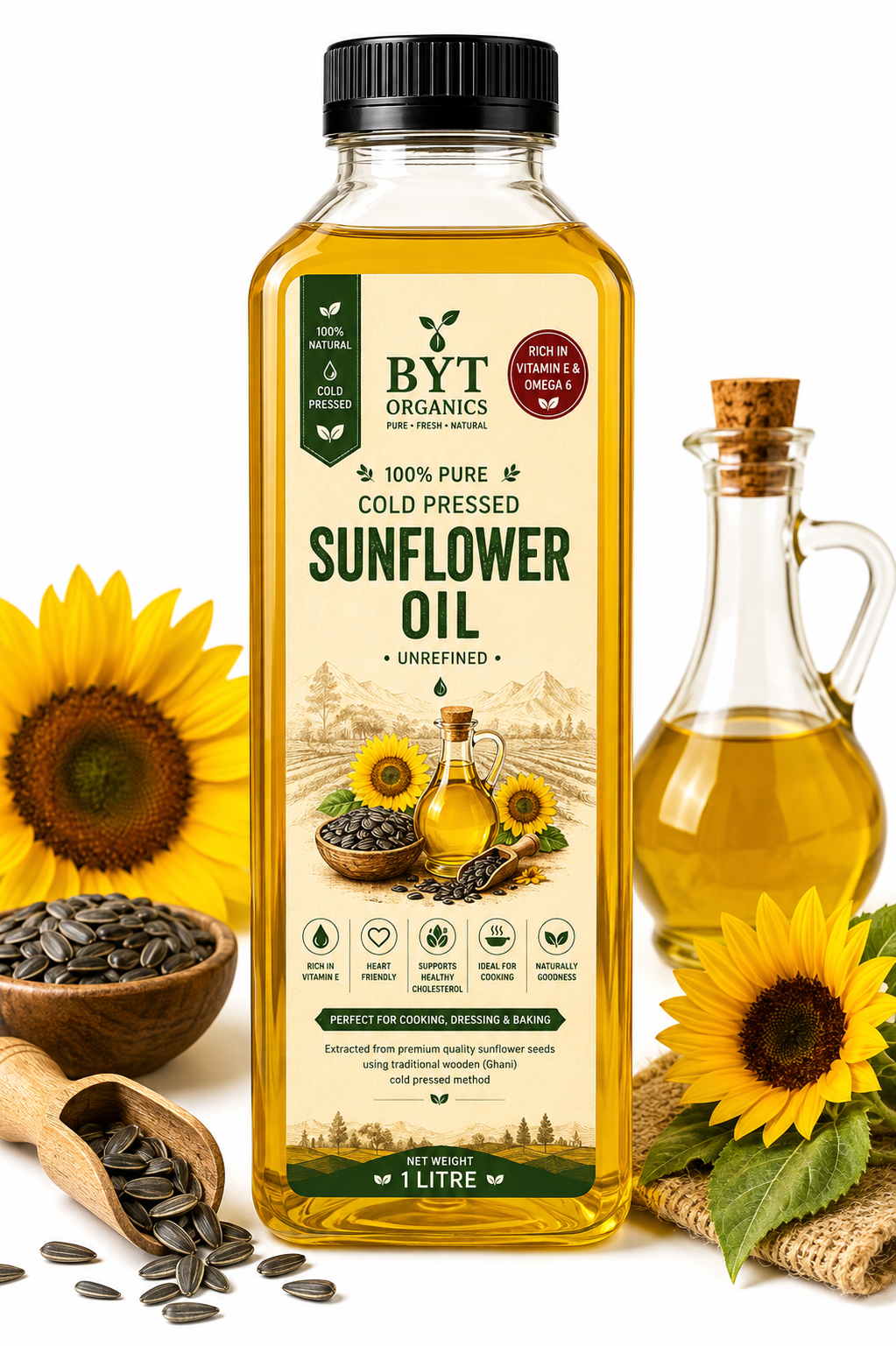 Natural Cold Pressed Sunflower Oil | 100% Pure | BYT Organics