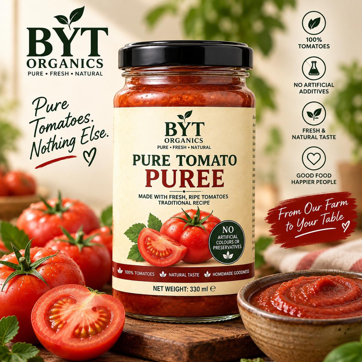 BYT Pure Tomato Puree — 330ml | 100% Fresh Tomatoes | Rawalpindi & ISB Only