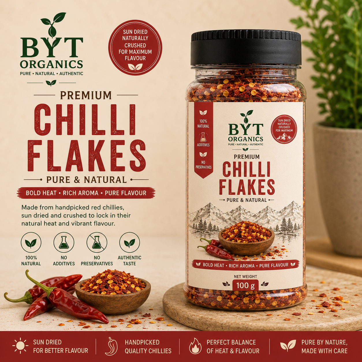 BYT Organics Premium Chilli Flakes – Sun-Dried & Natural | 100g